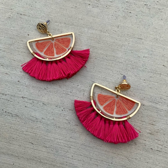 Acrylic Orange Slice Pink Fringe Tassel Earrings With Gold Tone Metal - Picture 1 of 5